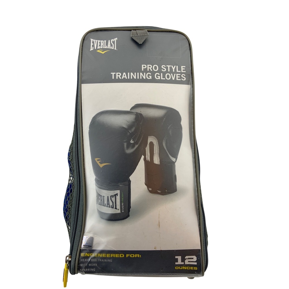 Everlast Pro Style Training Gloves 12oz‎ Black Silver with Blue Hand Wraps Set